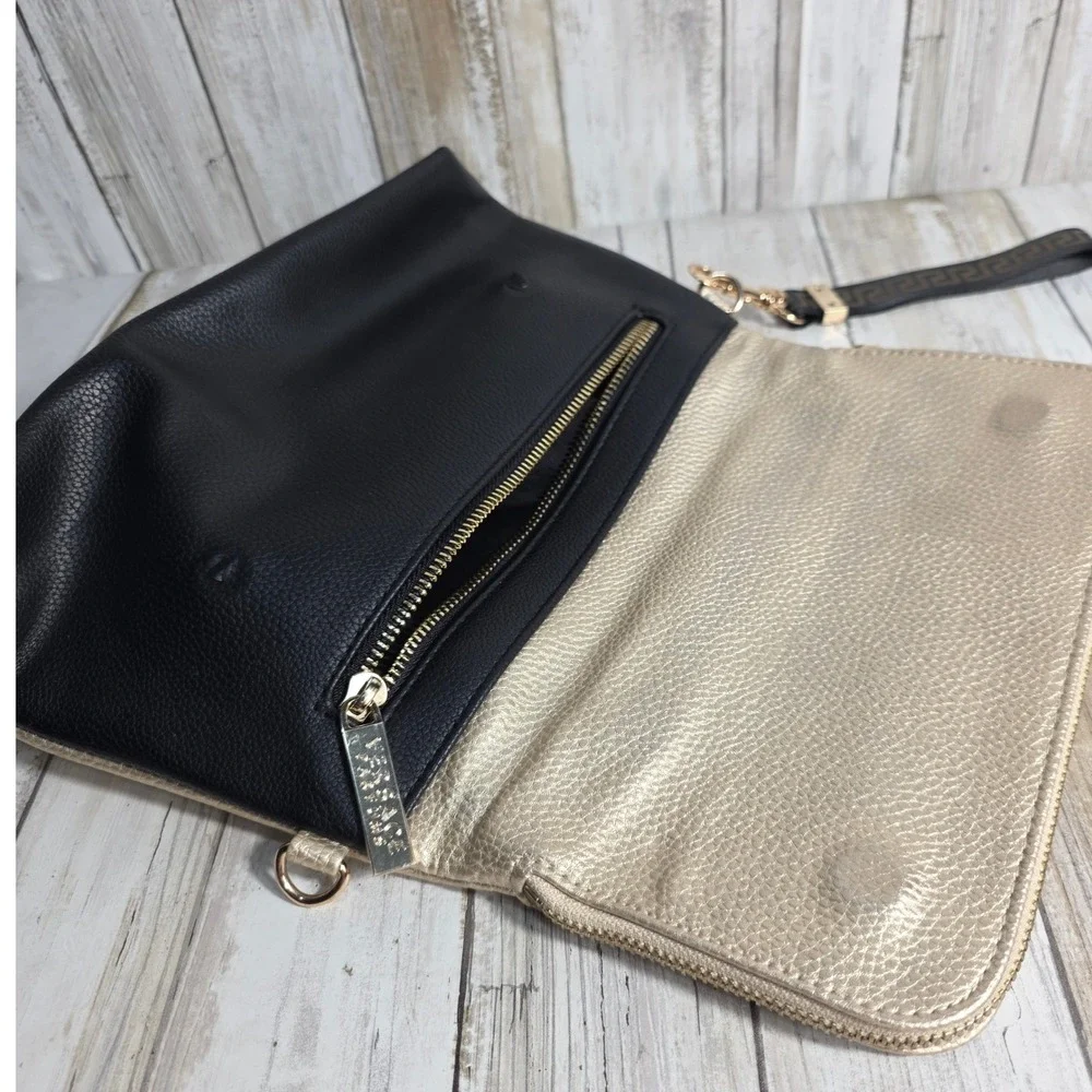 Versace Parfums Black Gold Pebbled Faux Leather Medusa Foldover Clutch Bag